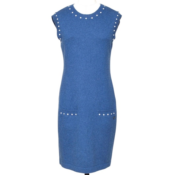 CHANEL Blue Sweater Dress Knit Pearls Shift Pockets Sleeveless Cashmere Sz 34 - Picture 1 of 10